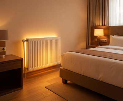 Chambre d’hôtel avec système de gestion énergétique intelligent optimisant chauffage et climatisation selon l’occupation
