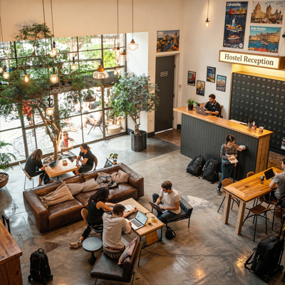 Hall d’hôtel moderne utilisé comme espace hybride de coworking et de vie avec gestion énergétique intelligente du bâtiment.