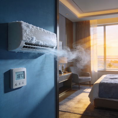 Un climatiseur recouvert de givre et de neige souffle de l'air glacé dans une chambre d'hôtel en plein été, illustrant la surconsommation d'énergie.