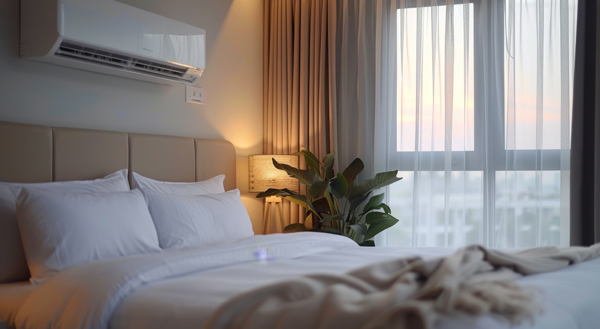 Chambre d'hôtel moderne avec une climatisation murale au-dessus du lit, illustrant l'importance du confort thermique pour un sommeil réparateur.
