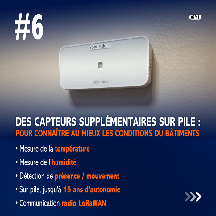 Capteur MClimate PIR Lite mesurant la température, l'humidité et la présence dans un bâtiment scolaire