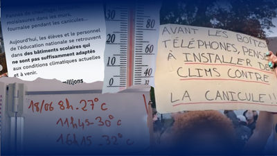 Collage illustrant la canicule dans les écoles avec un thermomètre, un panneau réclamant des climatisations et un relevé de températures atteignant 32°C en classe.